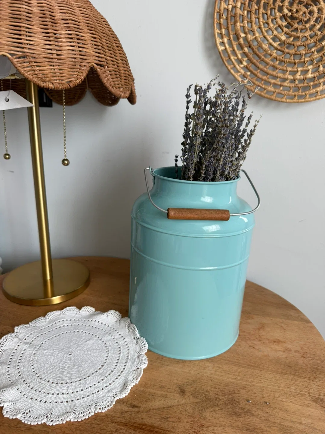 Teal Metal Milk Can Vase with Wood Handles - photo 3