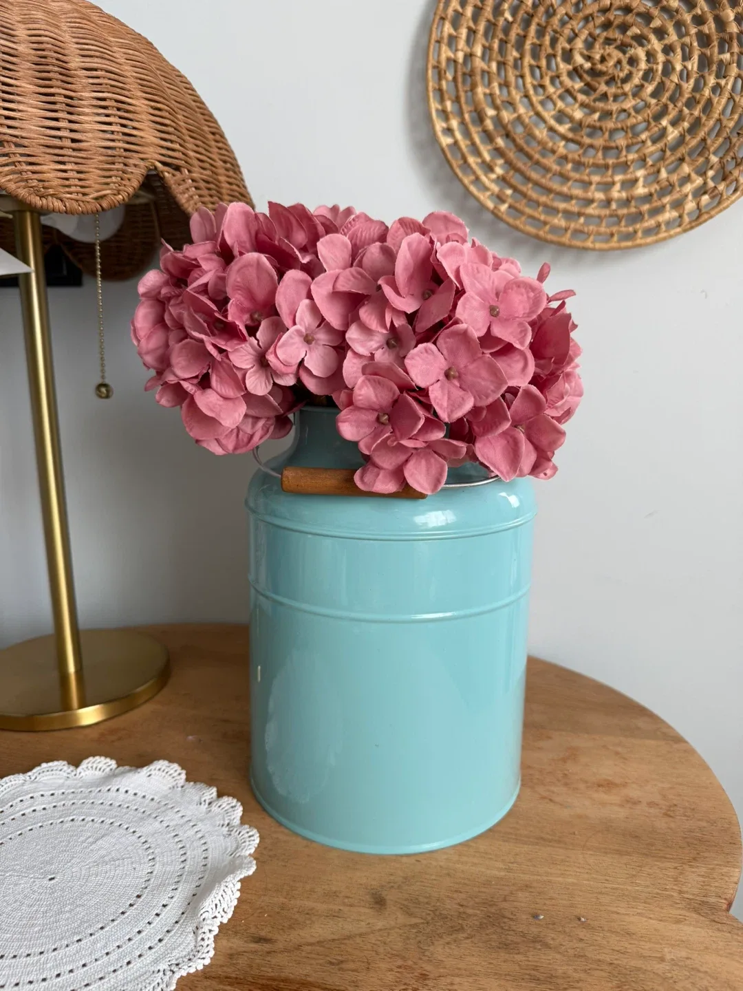 Teal Metal Milk Can Vase with Wood Handles - photo 2