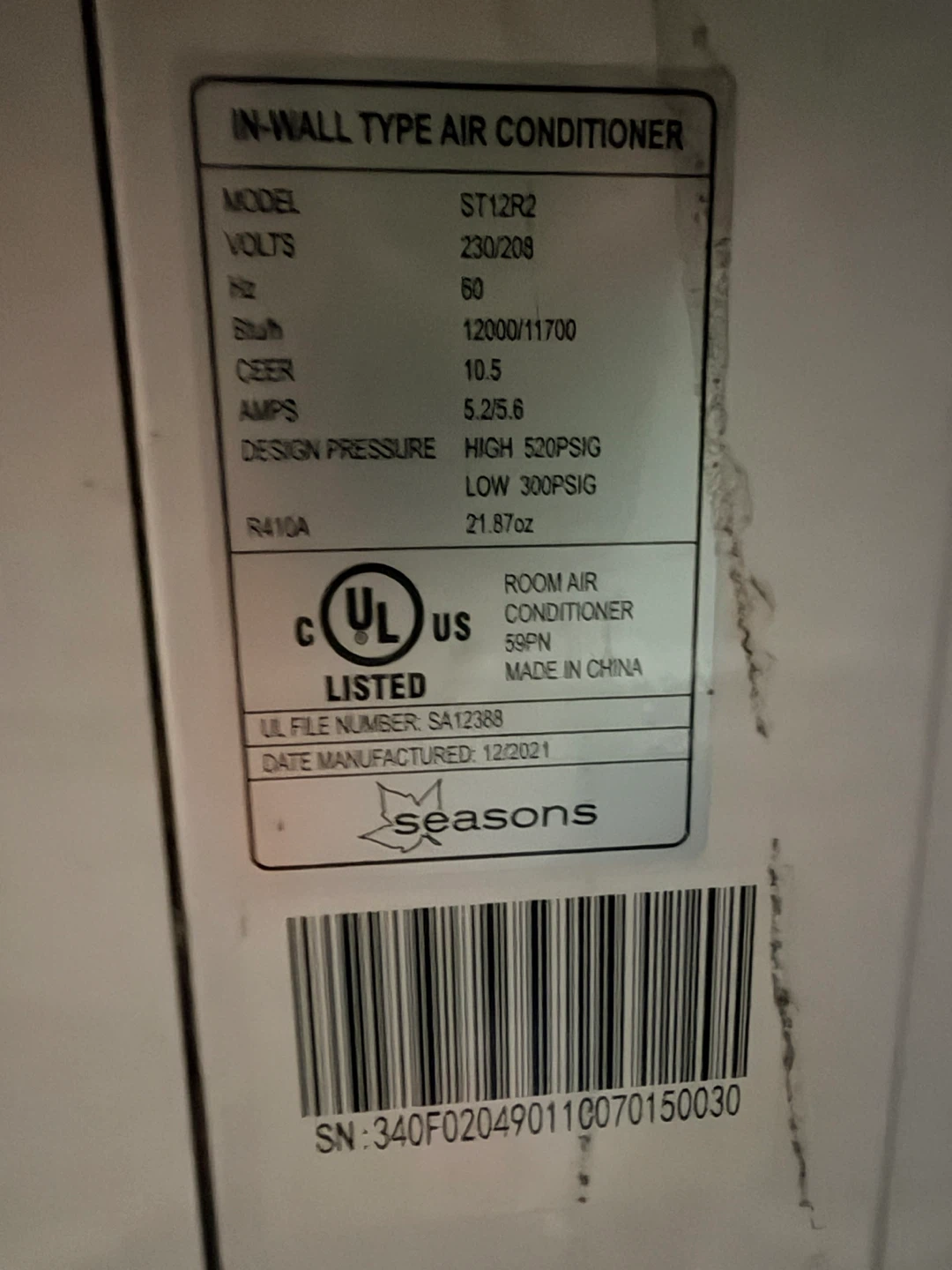 Seasons ST12R2 In-Wall Air Conditioner