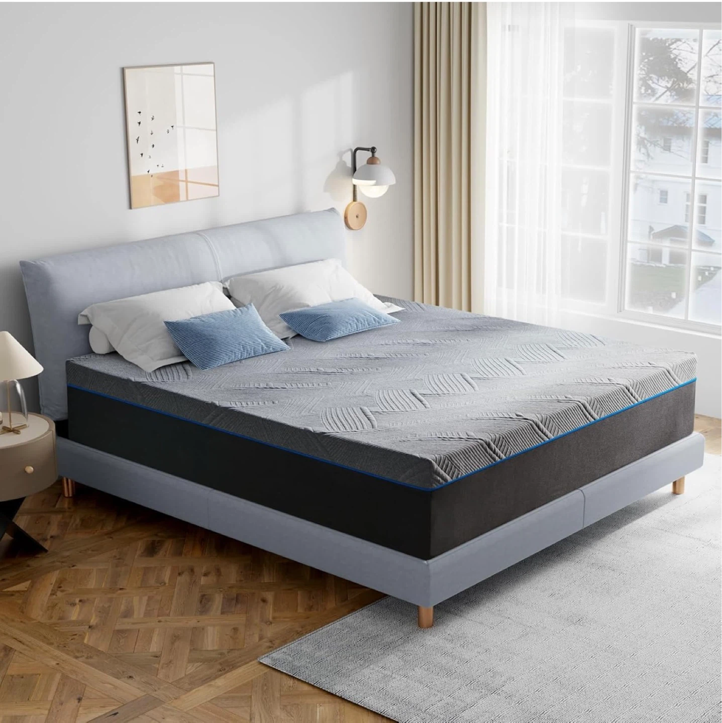 Grey Queen Size Mattress with Blue Trim