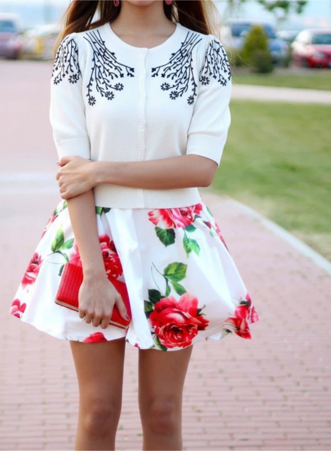 White Cardigan with Black Floral Embroidery