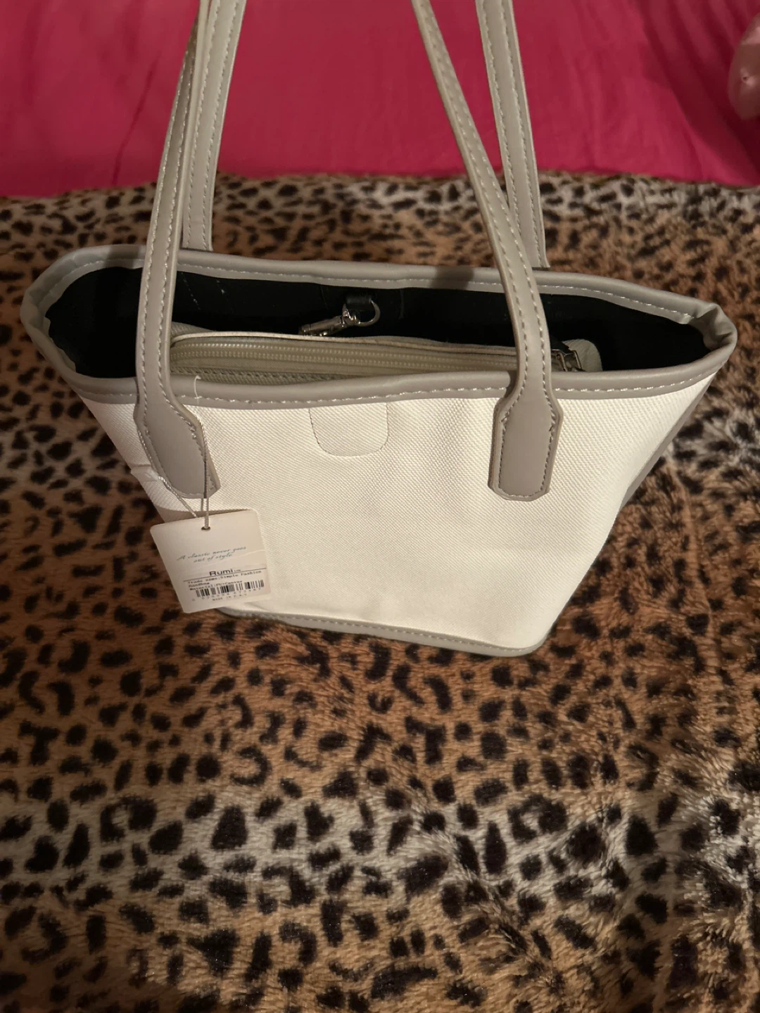 White Canvas Tote Bag with Grey Trim and Matching Pouch