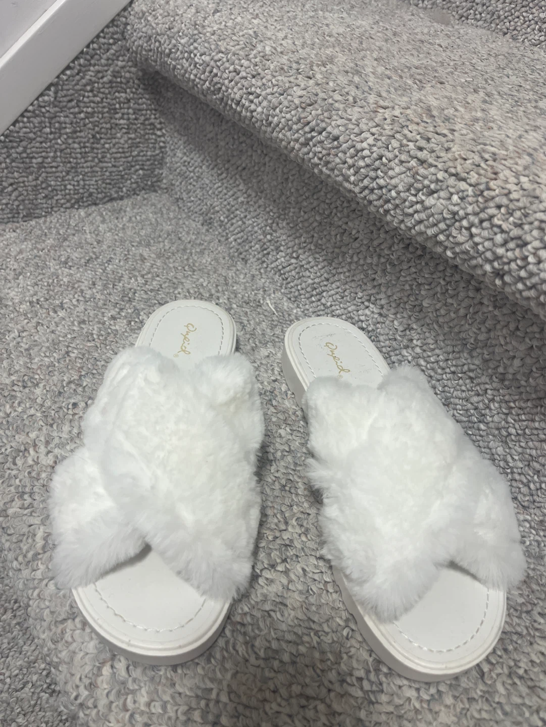 White Faux Fur Cross-Strap Slippers