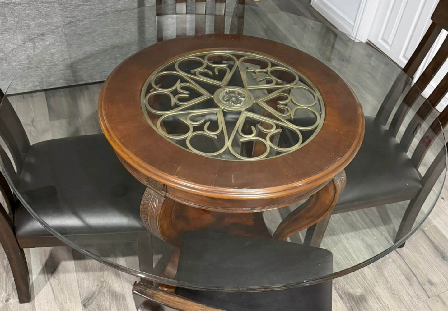 Round Glass Top Dining Table with Wood Base
