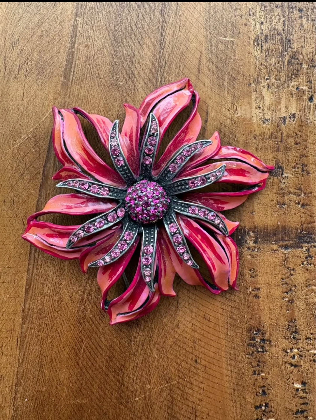 Rare Find Ben-Amun Signed Enamel & Rhinestone Flower Brooch