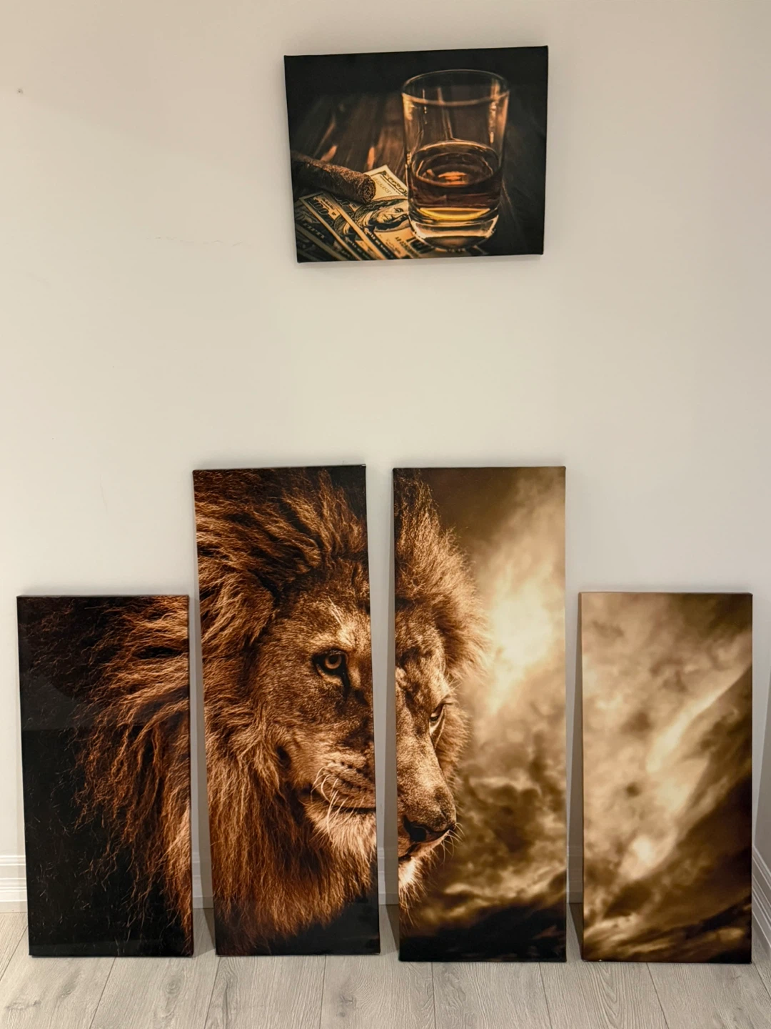 Canvas Print Wall Art Set - Lion 4 Pieces and Whiskey Glass