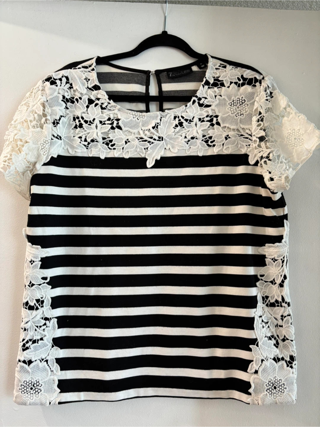 Zalora Black and White Striped Lace Top