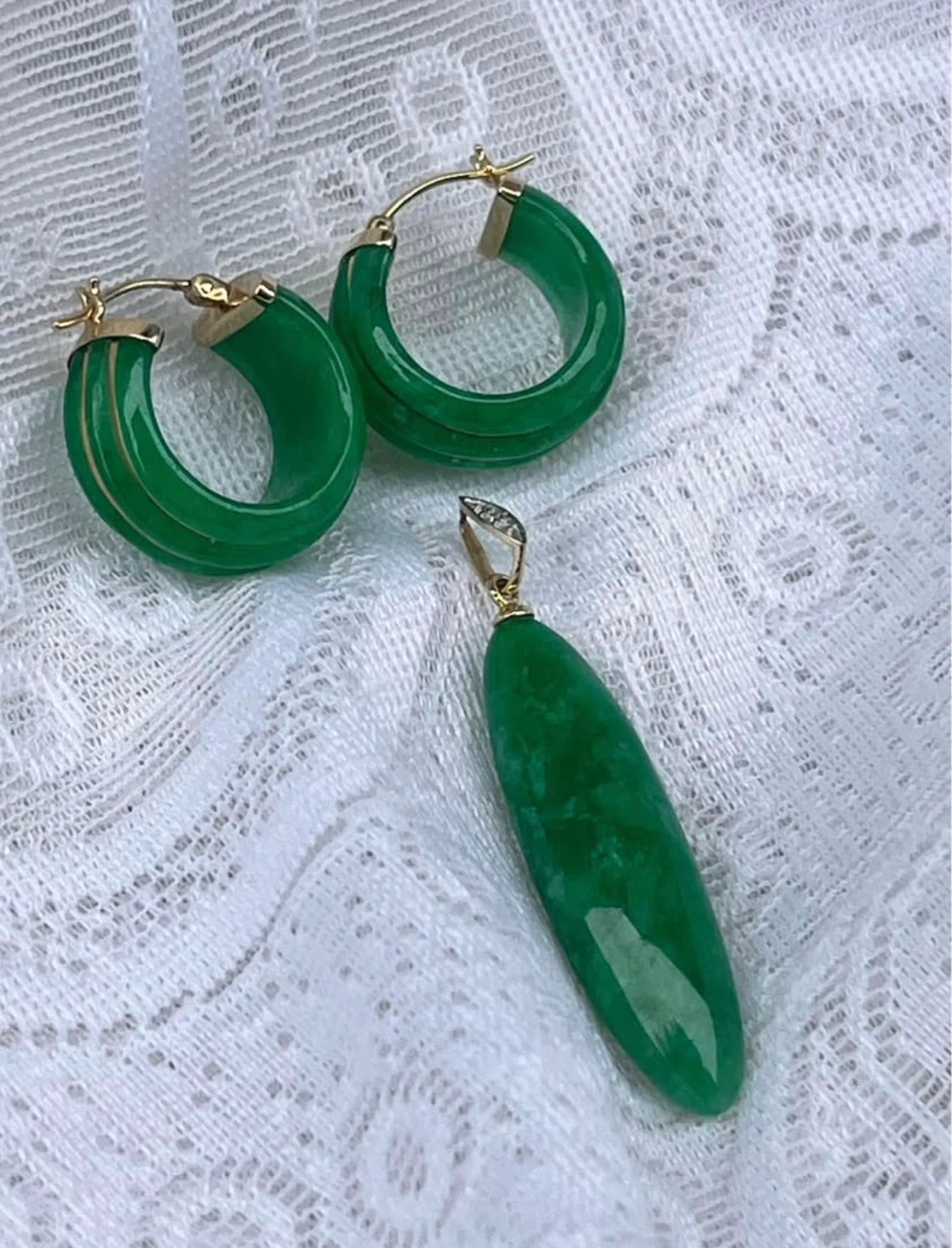 14K Yellow Gold Jade Hoop Earrings & Gold Jade Pendant