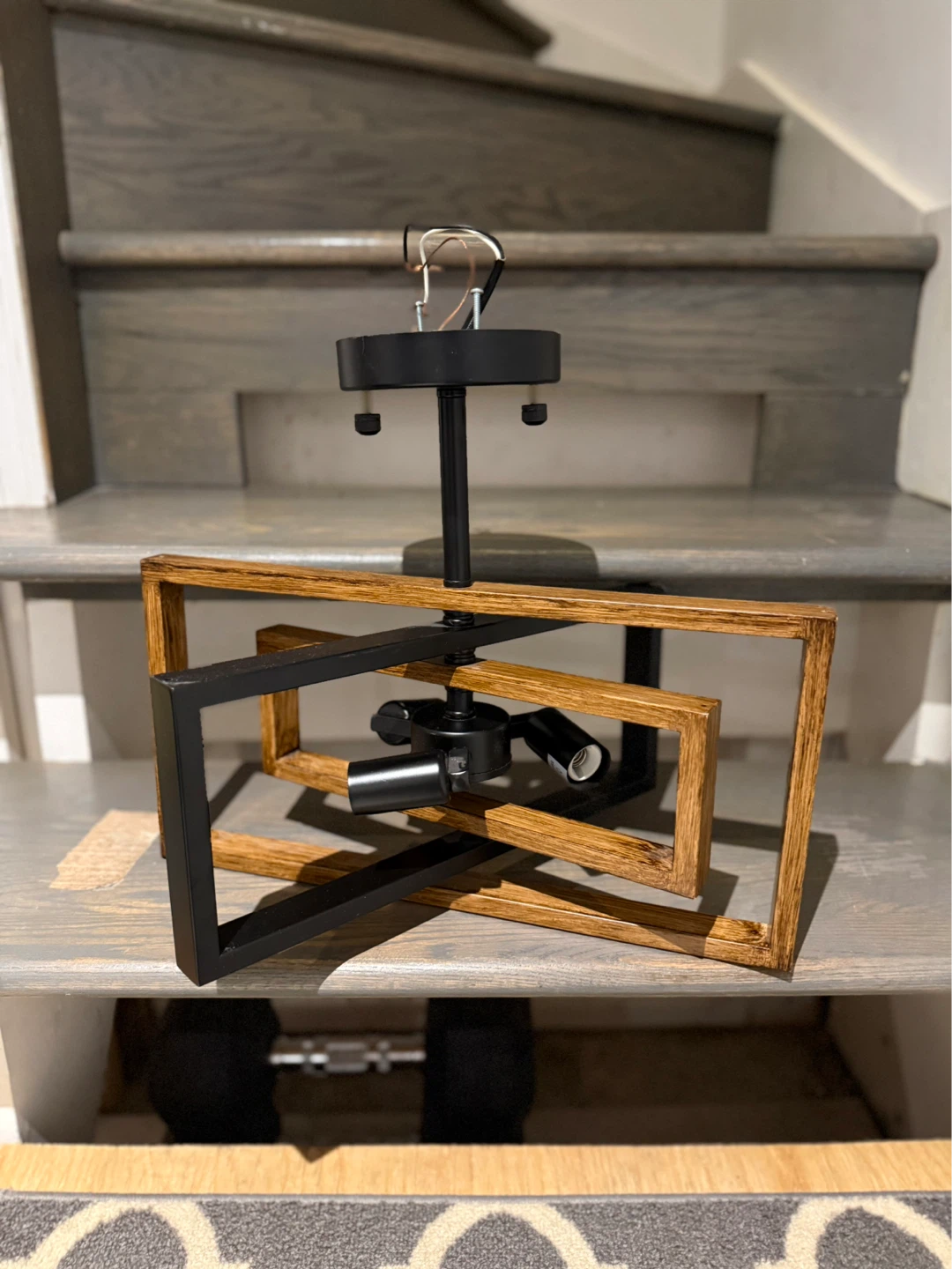 Modern Geometric Chandelier with Wood and Black Accents - photo 2