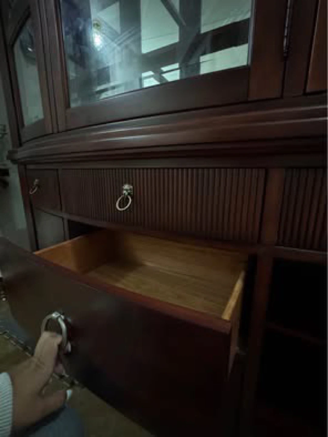 Dark Wooden Cabinet with Glass Doors and Drawers - photo 2