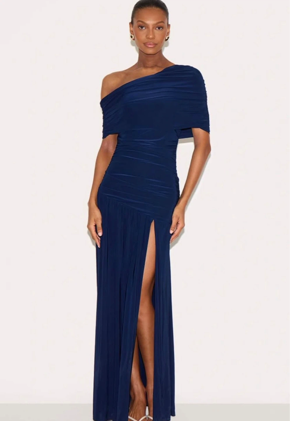 Navy One-Shoulder Ruched Maxi Dress with Slit - photo 2