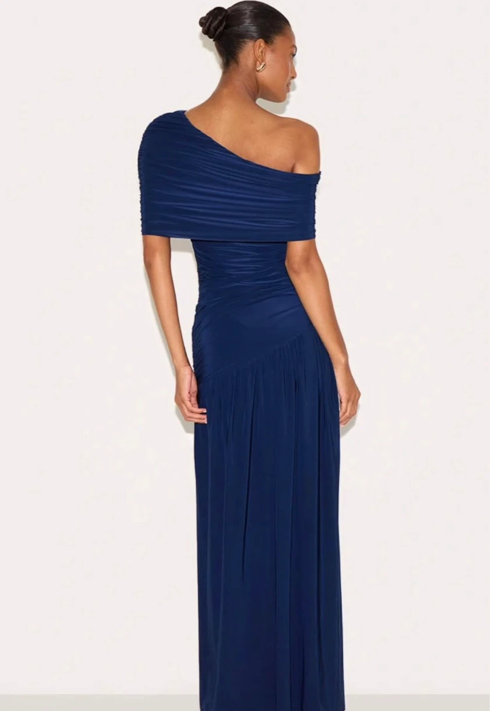 Navy One-Shoulder Ruched Maxi Dress with Slit