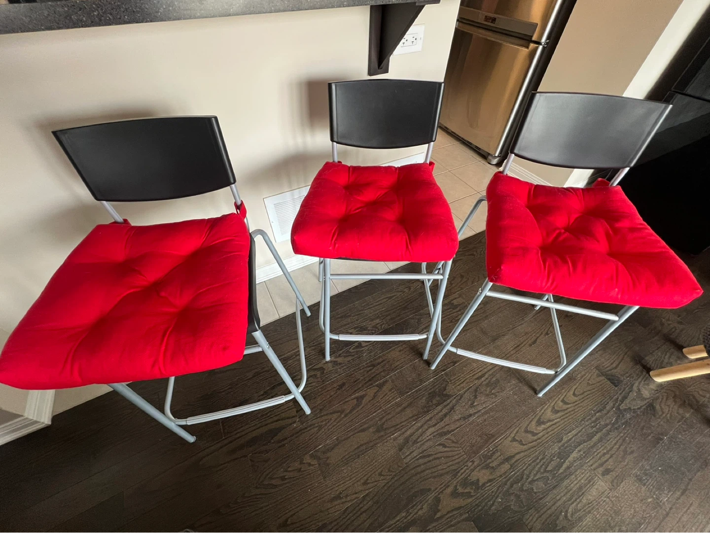 Set of 3 Black Bar Stools with Red Cushions