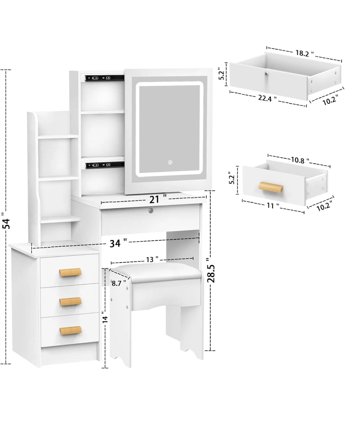 White Vanity Desk with Lighted Mirror