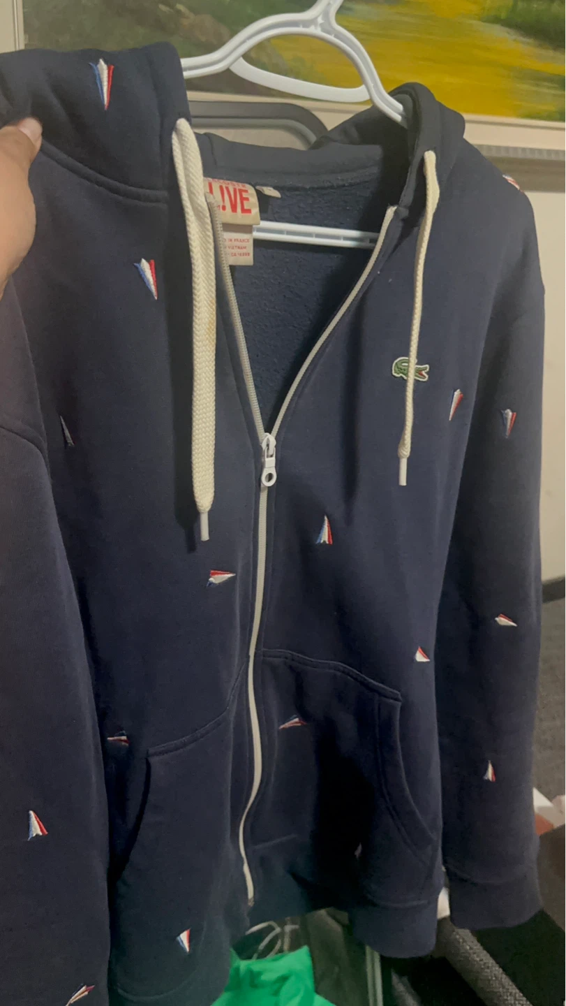 Lacoste Live Navy Zip-Up Hoodie with Sailboat Print