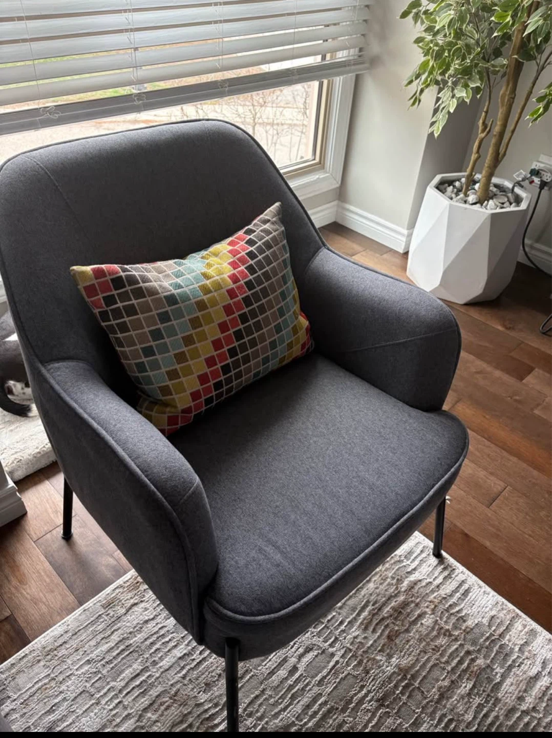 Grey upholstered accent chair