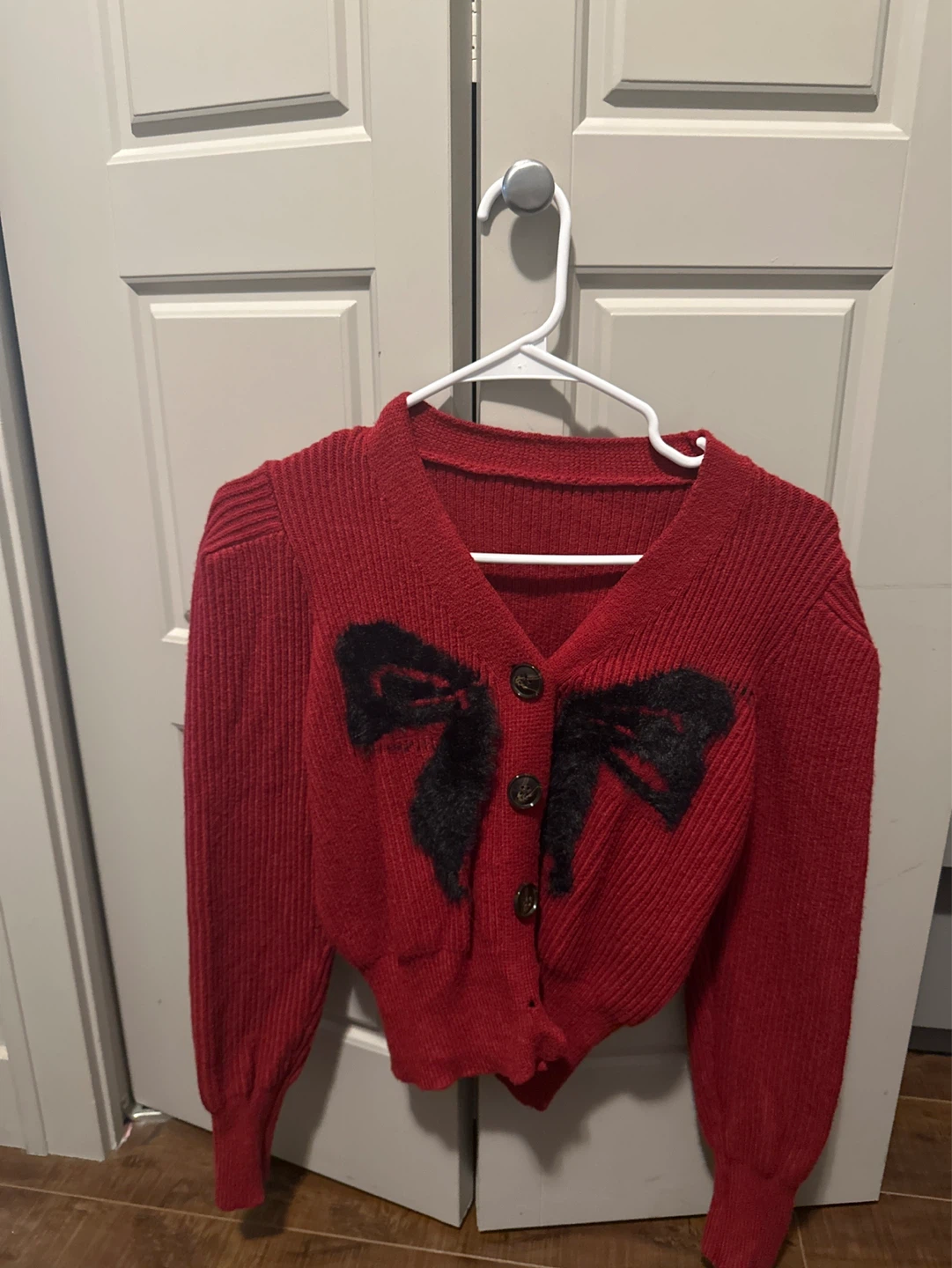 Red Cardigan with Black Bow Detail