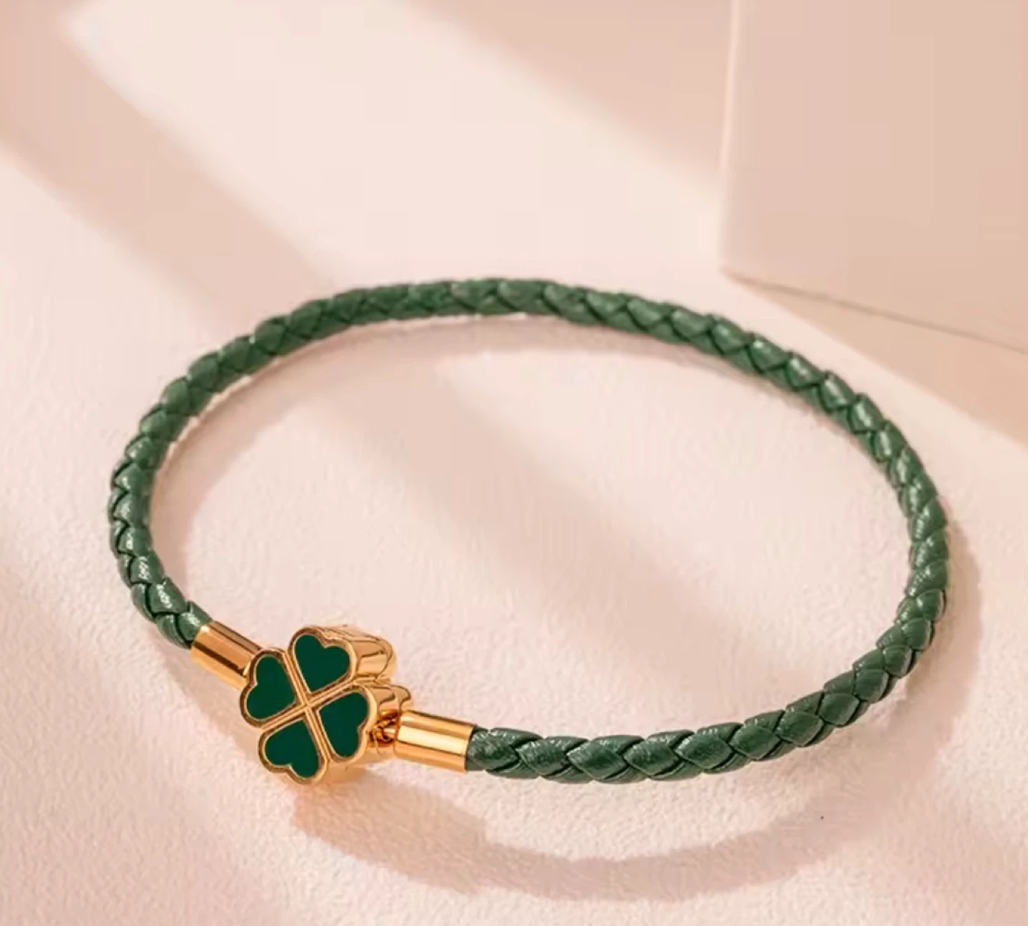 Braided Leather Bracelet with Clover Charm