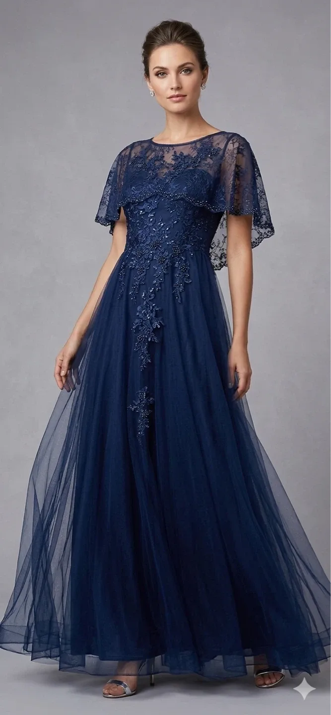 Navy Blue Beaded Lace Cape Gown