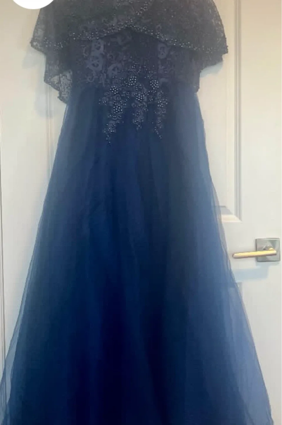 Navy Blue Beaded Lace Cape Gown - photo 2