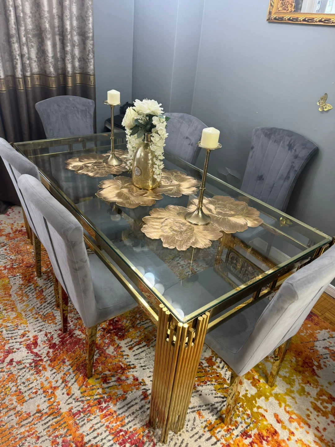 Glass and Gold Dining Table Set with 6 Chairs