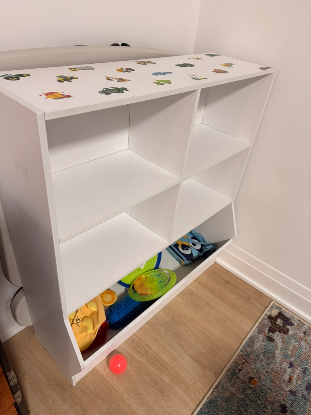 White Toy Organizer Shelf with Car Decals