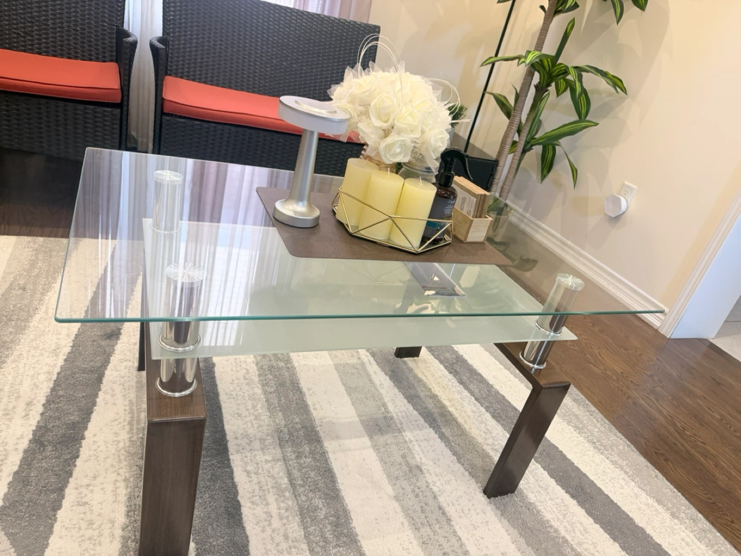 Glass Coffee Table with Dark Wood Legs