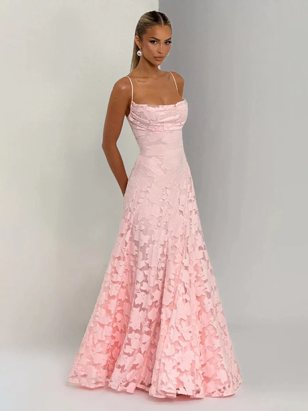 Pink Lace Spaghetti Strap Maxi Dress