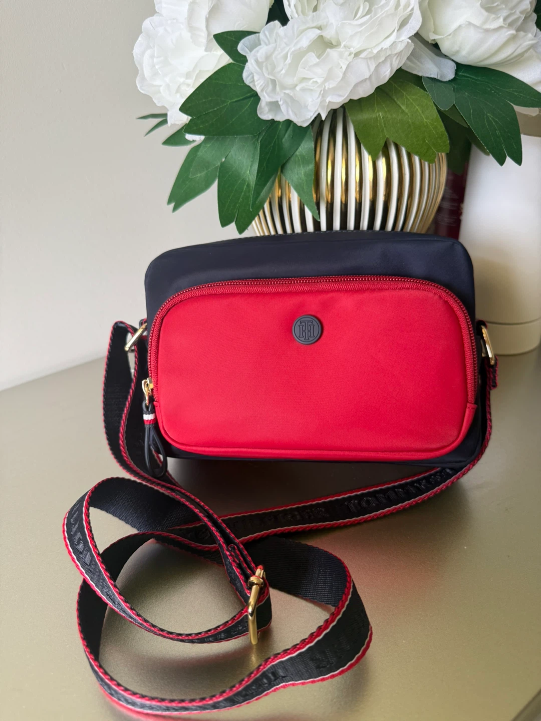 Tommy Hilfiger Navy Blue and Red Crossbody Bag