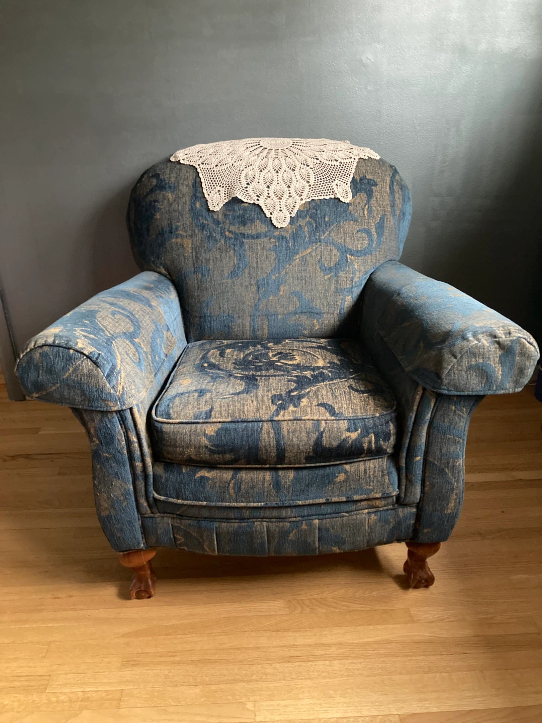 Antique Blue Floral Accent Chair