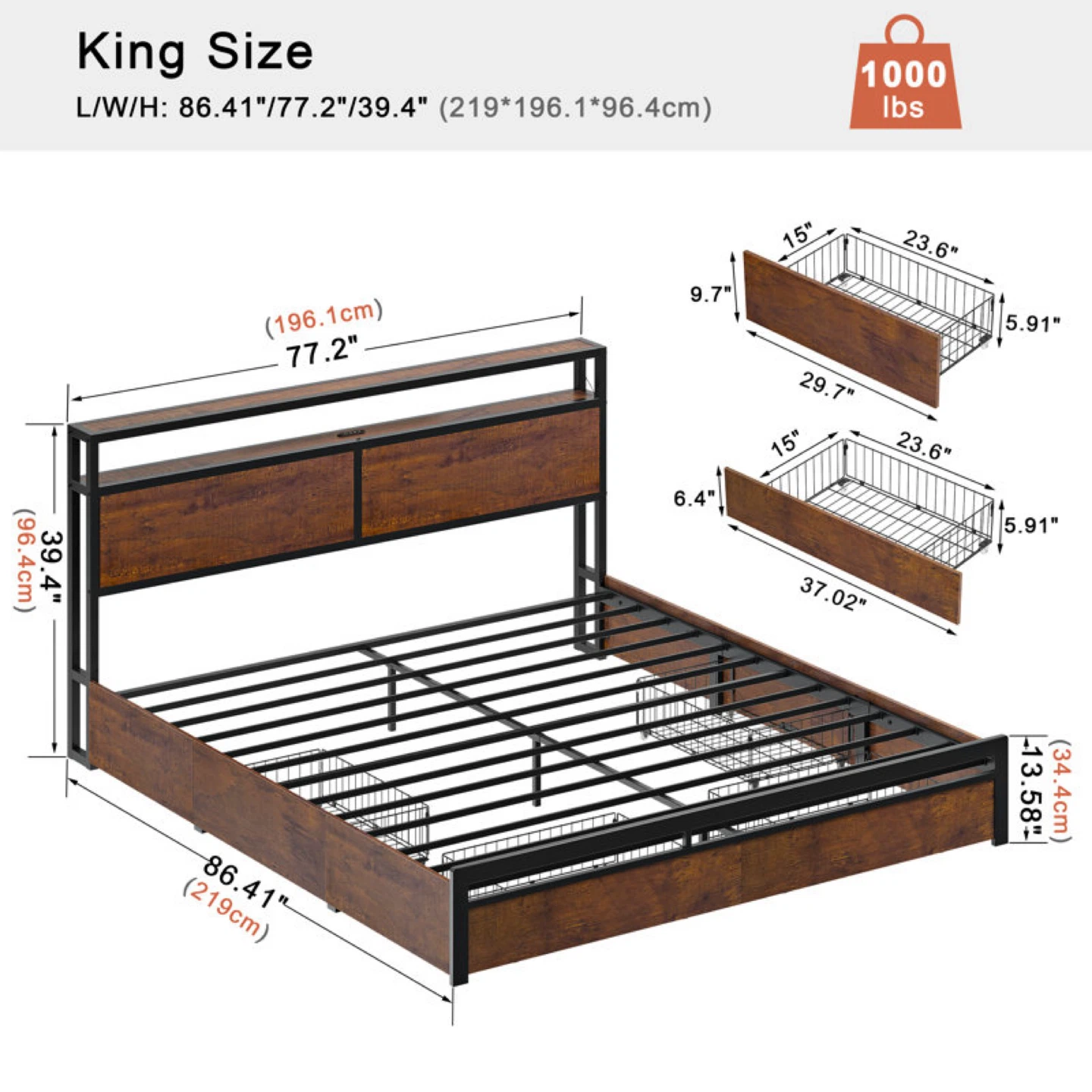 King Size Bed Frame with Storage and USB Ports and Outlet - photo 2
