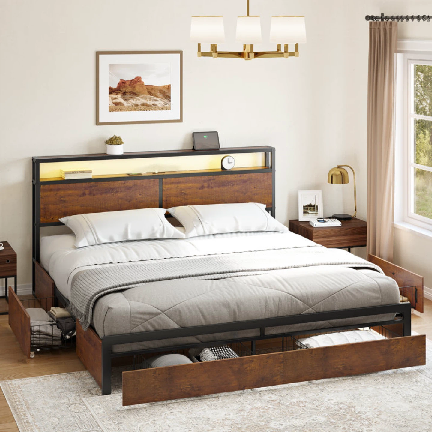 King Size Bed Frame with Storage and USB Ports and Outlet