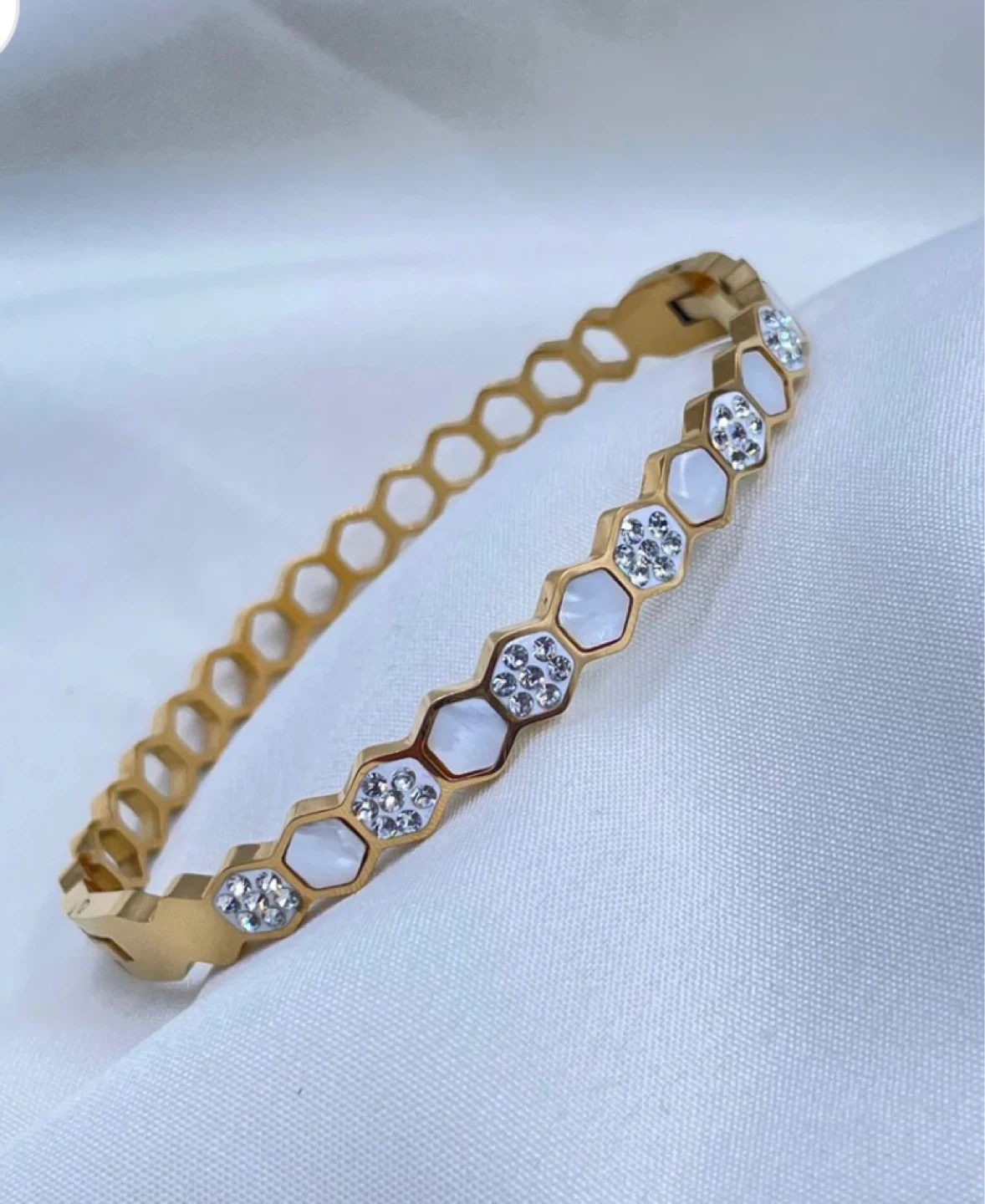 Gold Tone Hexagon Bangle with Crystals and Mother-of-Pearl