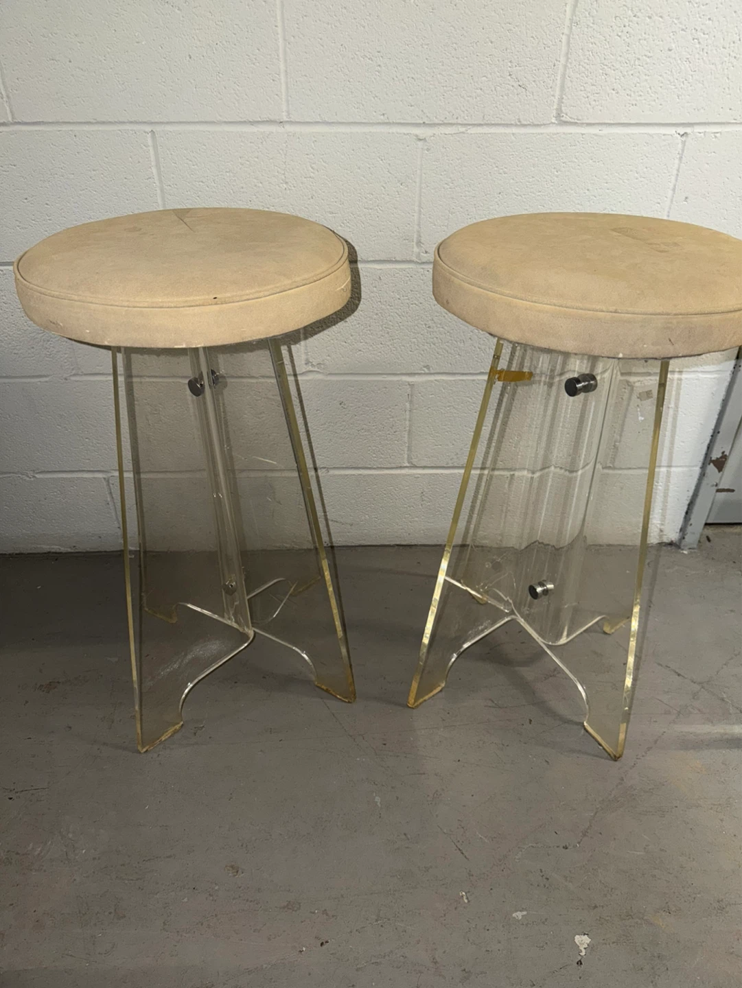 Pair of vintage lucite Bar Stools with Tan Cushions