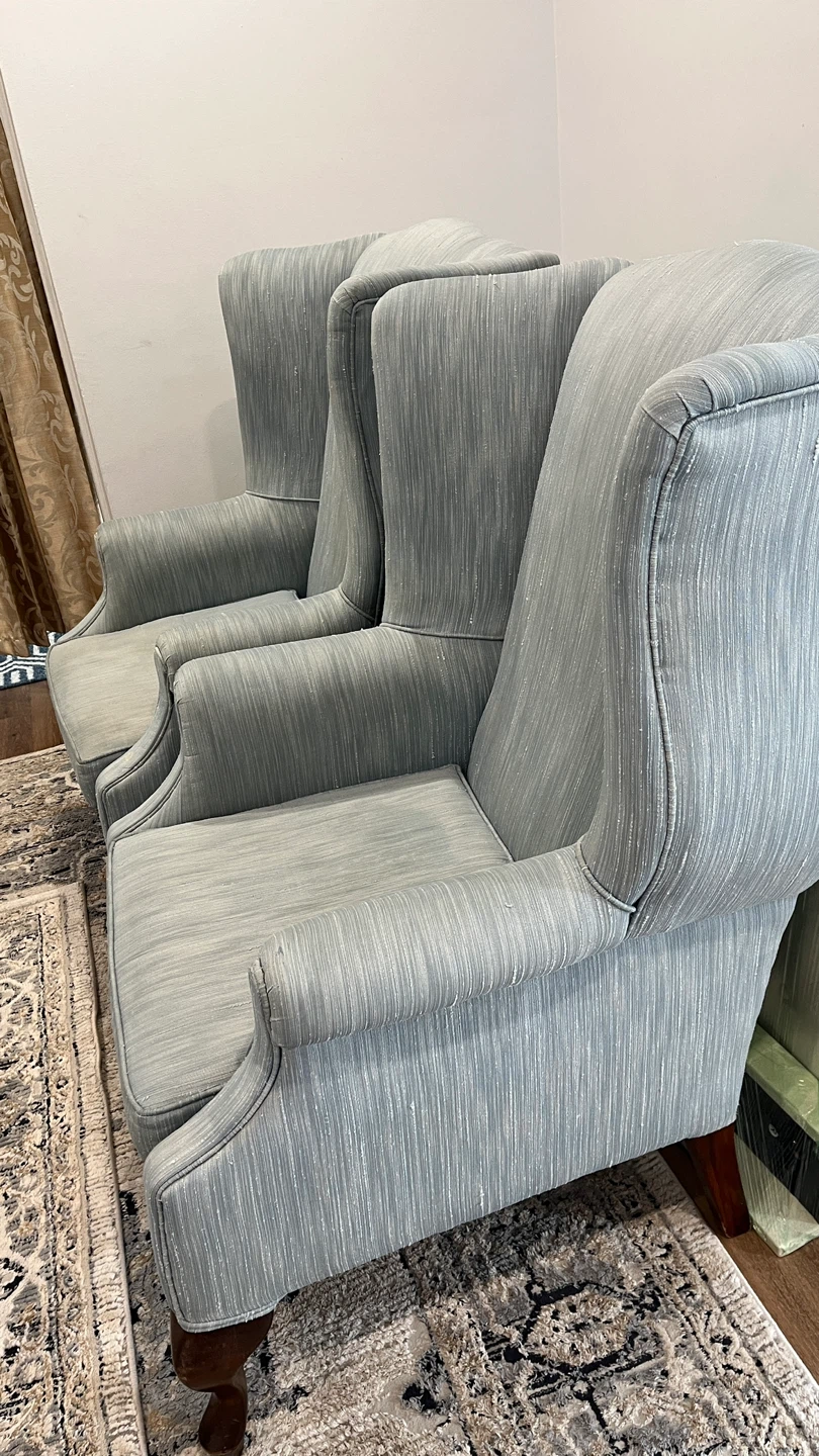 2 Wingback Armchair - Light Blue Striped Fabric - photo 3