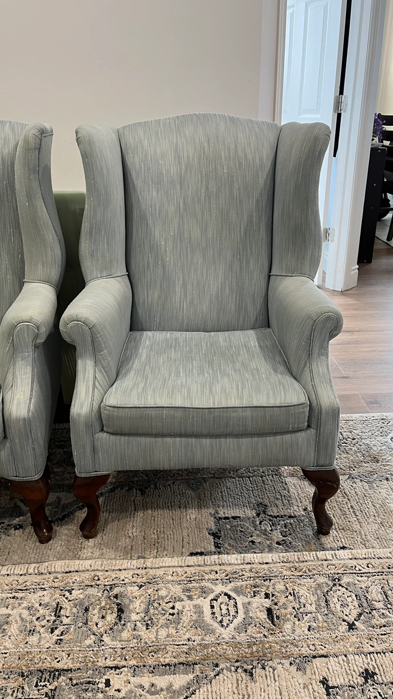 2 Wingback Armchair - Light Blue Striped Fabric
