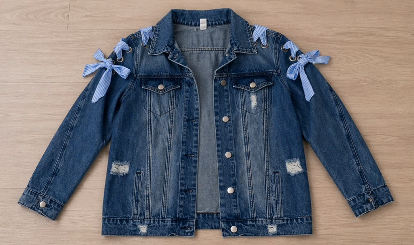 Revamped Dark Blue Jean Jacket with Light Blue Stripe Bows - photo 2