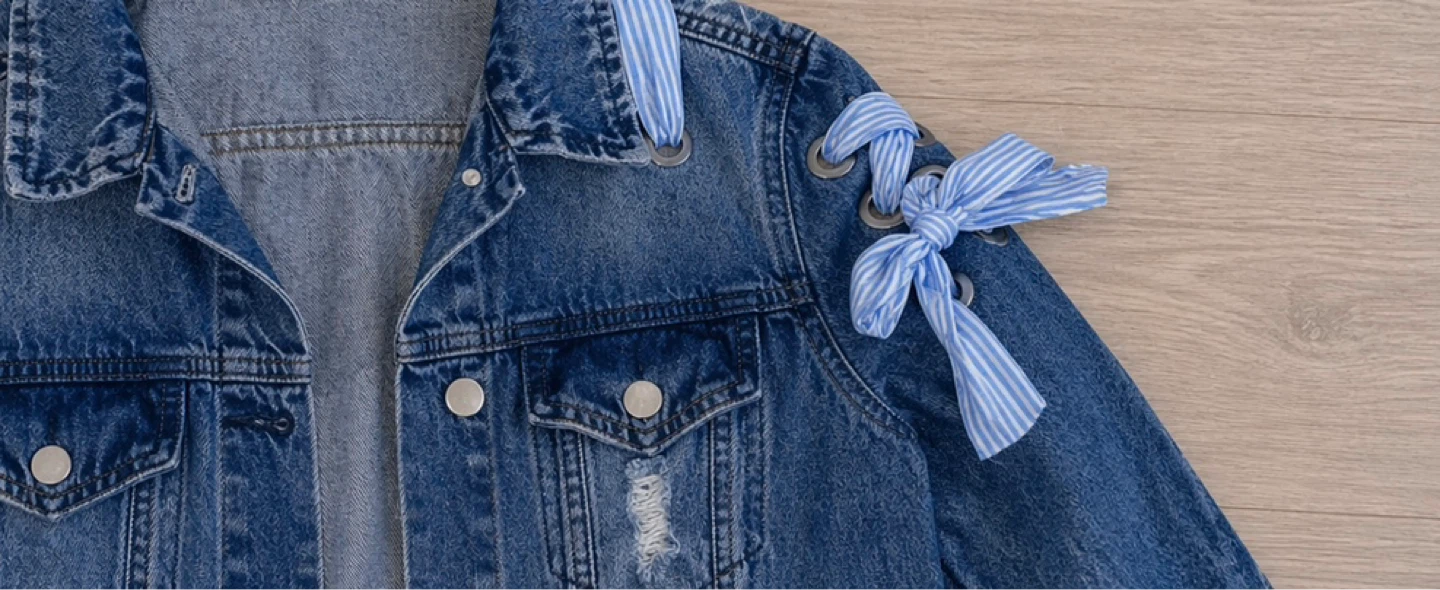 Revamped Dark Blue Jean Jacket with Light Blue Stripe Bows - photo 3
