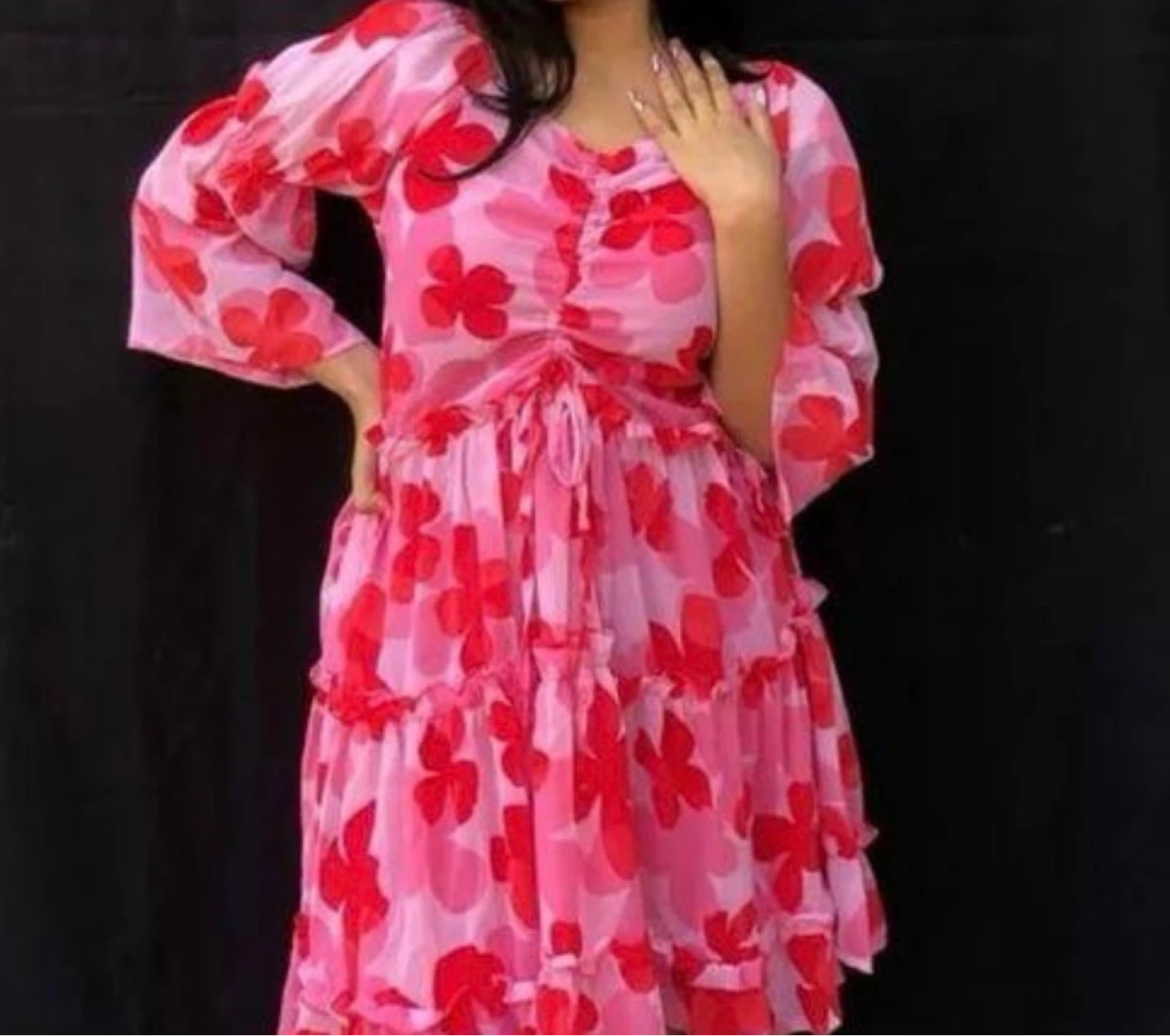 Pink Floral Puff Sleeve Mini Dress