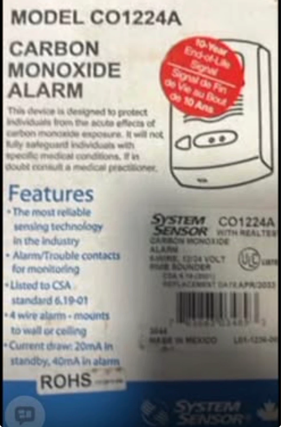 System Sensor CO1224A Carbon Monoxide Detector