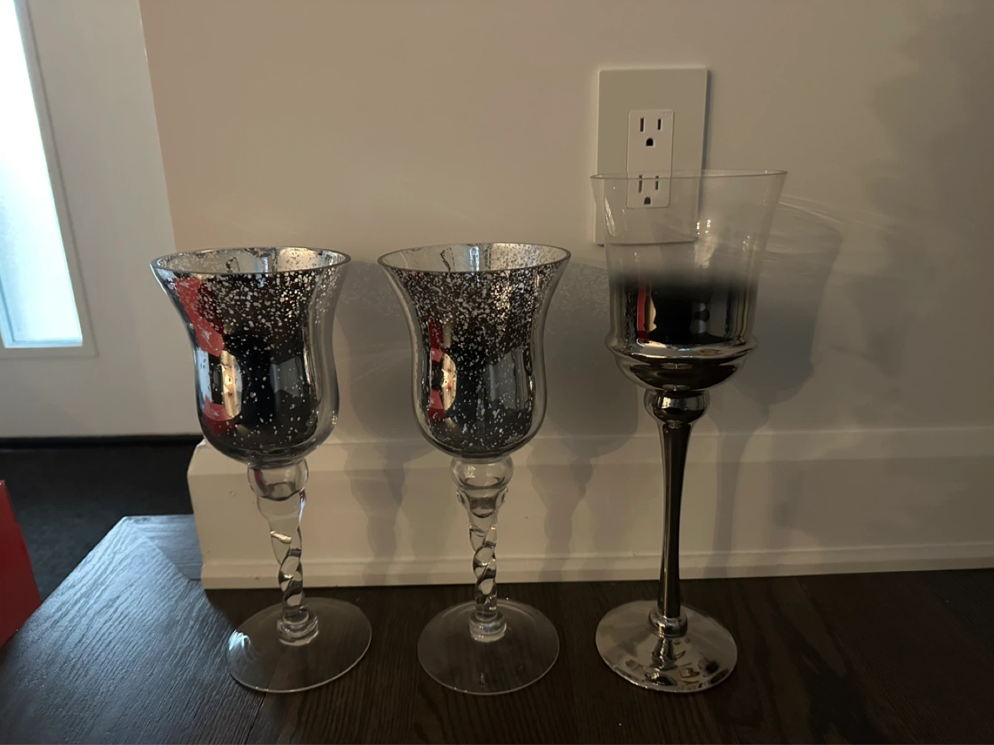 Set of 3 Silver and Clear Glass Candle Holders