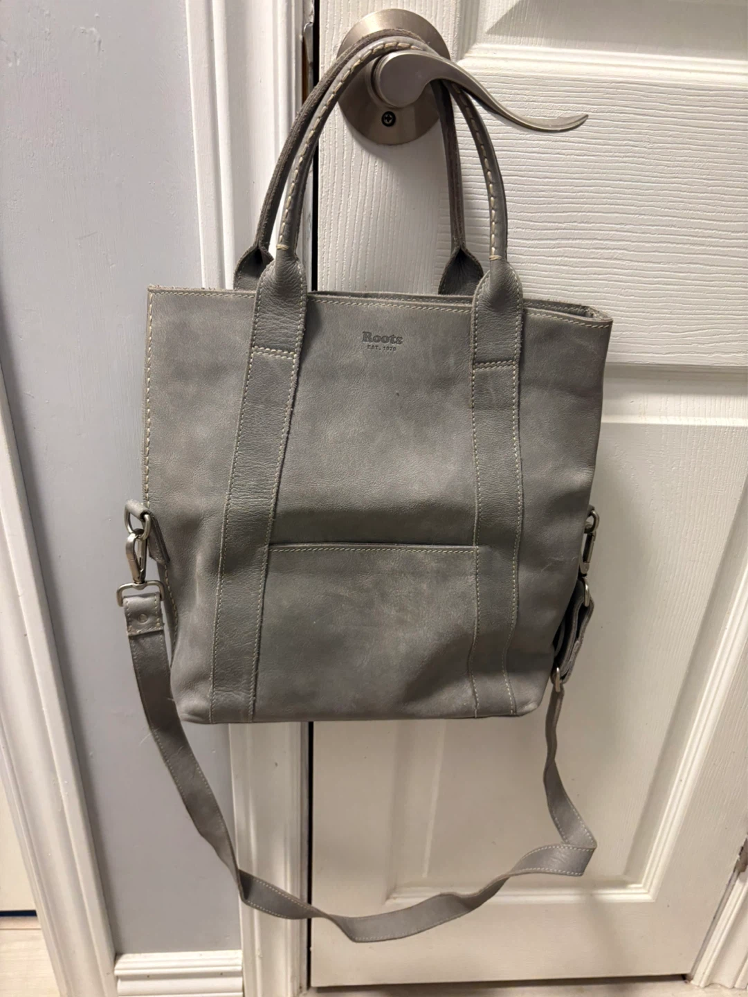 Roots Grey Leather Tote Bag with Crossbody Strap
