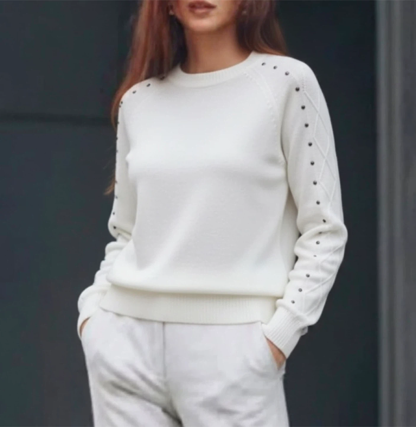 White Studded Crewneck Sweater