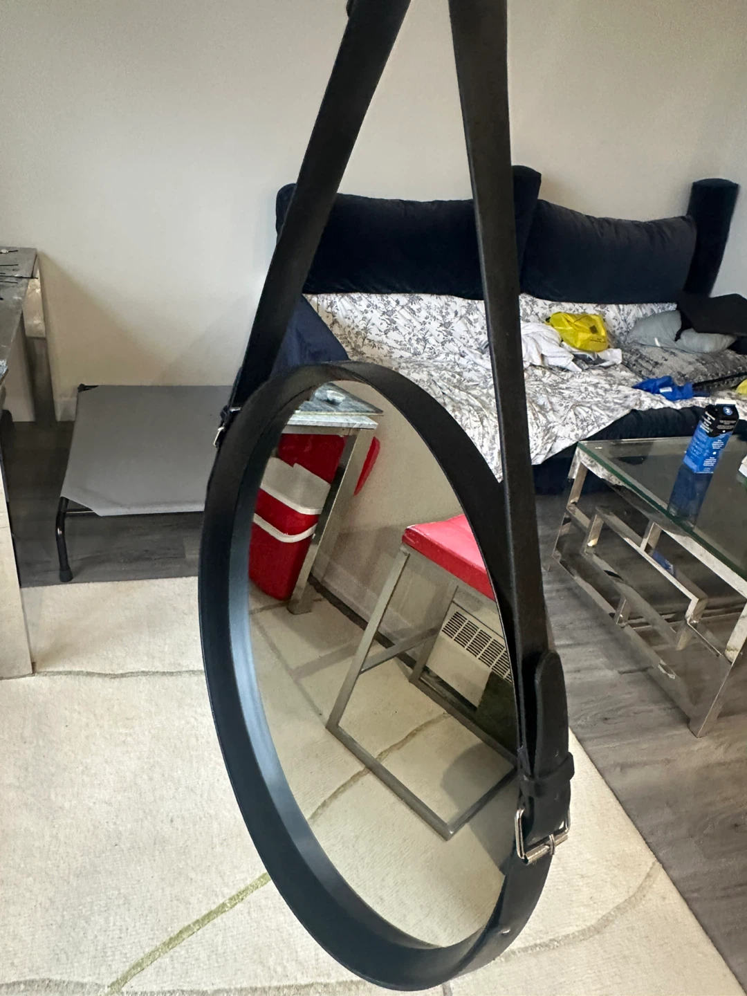 Oval Wall Mirror with Black Leather Belt Strap - photo 2
