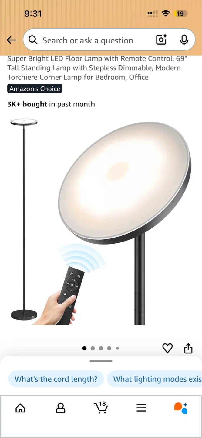 69" Standing LED Floor Lamp with Remote Control