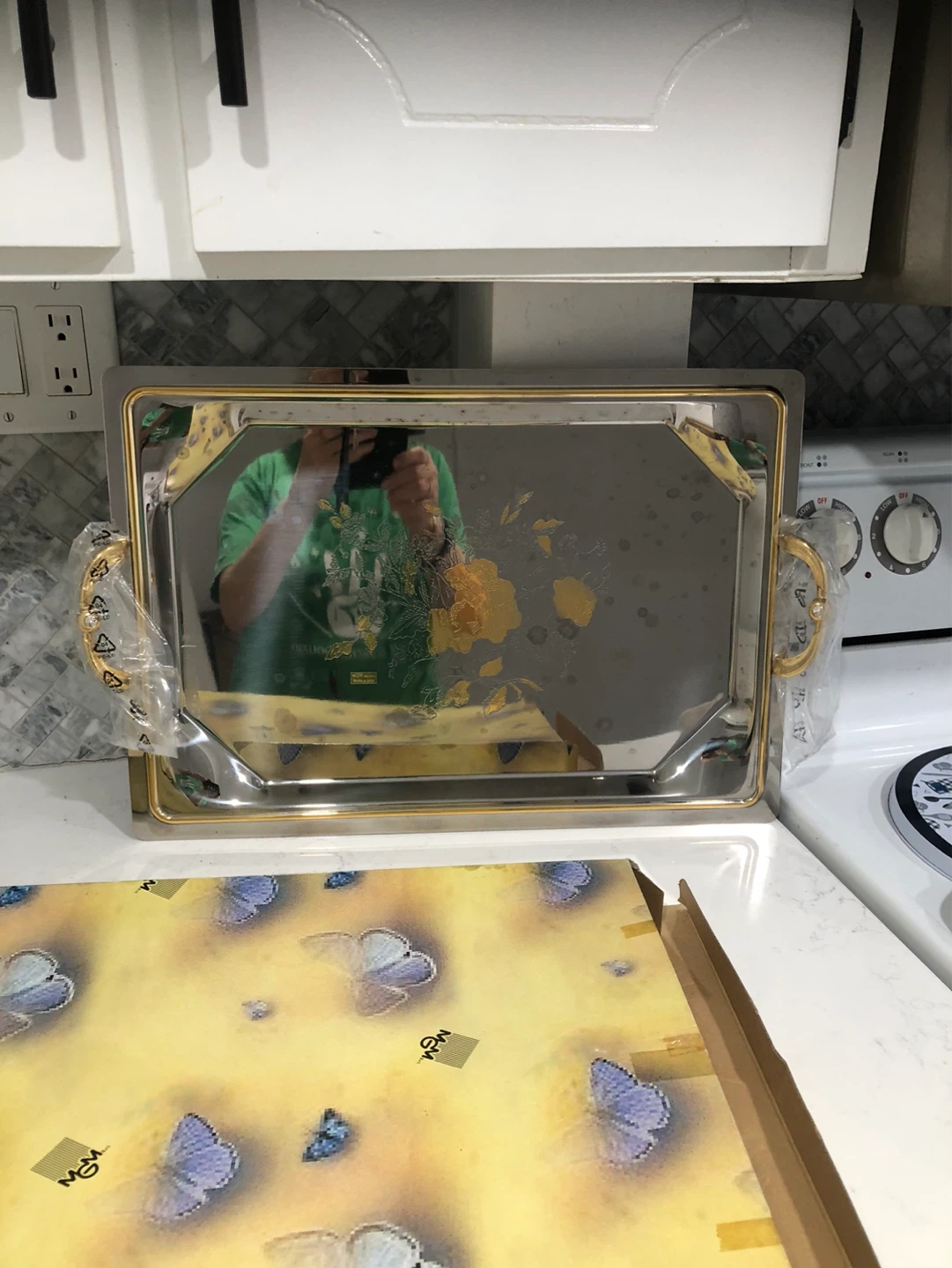 Silver Tray with Gold Trim and Handles