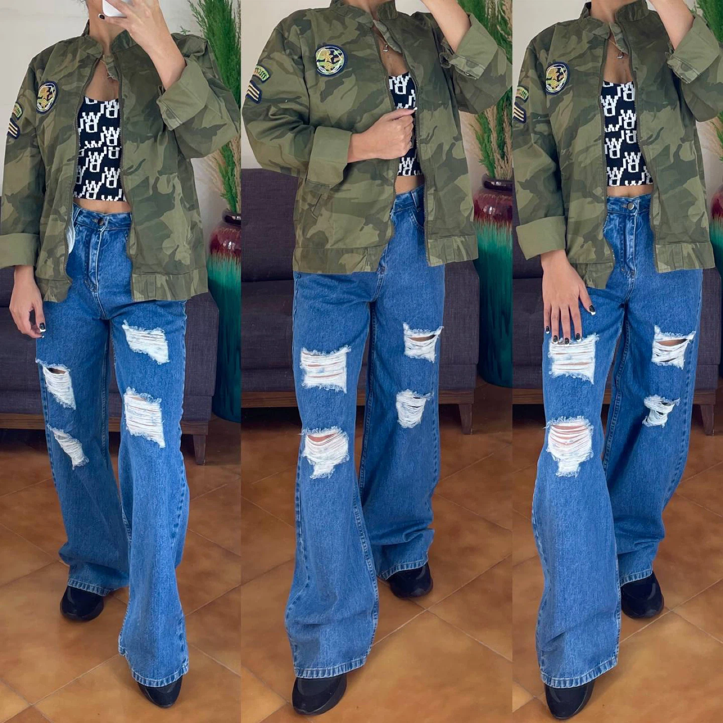 Wide Leg Ripped Jeans with Side Slits
