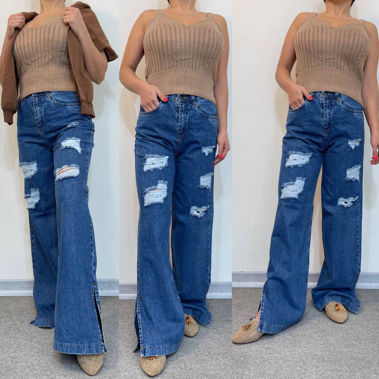 Wide Leg Ripped Jeans with Side Slits - photo 2