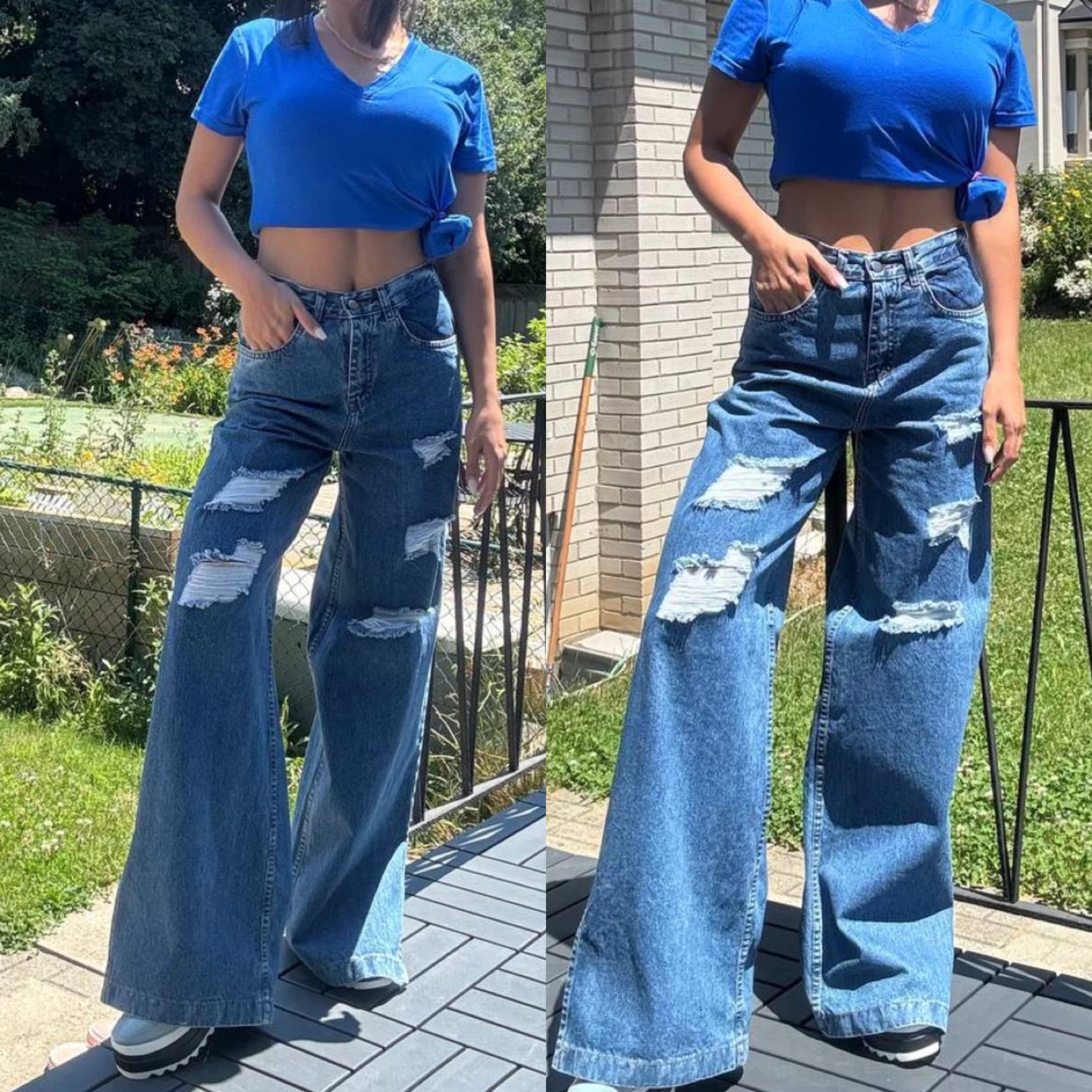 Wide Leg Ripped Jeans with Side Slits - photo 3