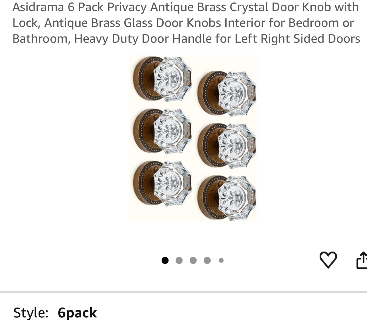 6 Pack Crystal Privacy Door Knobs with Lock - Antique Brass 6PA